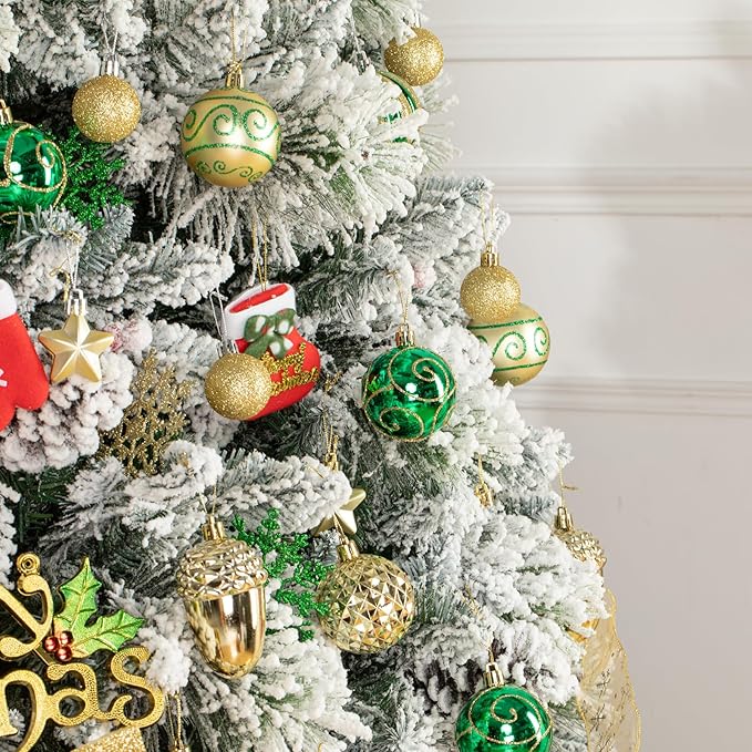 110Pcs Christmas Ball Ornaments Set, Assorted Green and Gold Christmas Ornaments for Xmas Tree, Shatterproof Plastic Baubles Hanging Decorations for Holiday/Party/Wedding