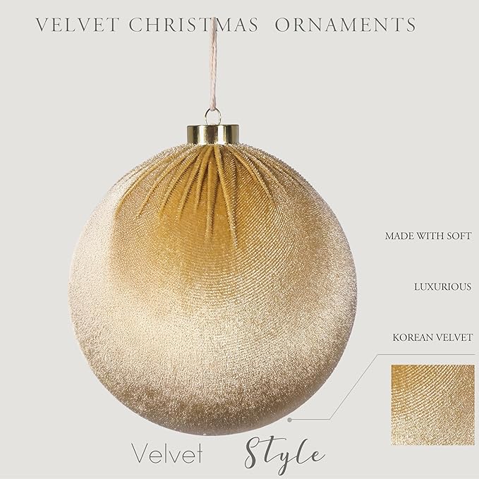 4PCS Gold Brown Velvet Christmas Ornaments Set – 6 Inch Large Flocked Shatterproof Baubles for Xmas Tree Decoration, Hanging Ornaments for Holiday & Home Décor (Gold, 6 Inch / 15 cm)