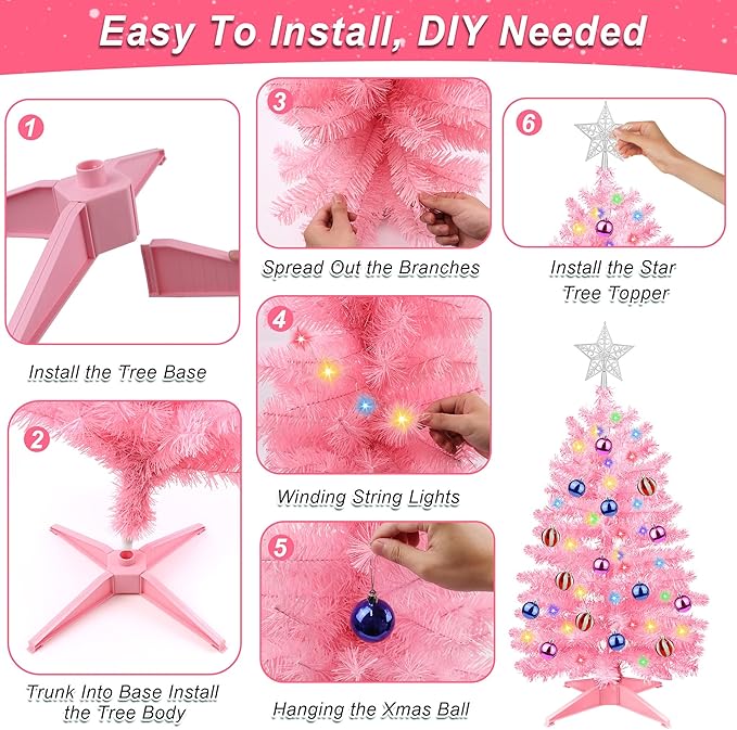 3FT Pink Christmas Tree Tinsel with 50 Warm White & Multi Color Fariy Light 3D Star 15 Ball Ornament, 12 Light Modes Timer Battery Operated Small Artificial Full Xmas Tree Table Indoor Holiday Decor