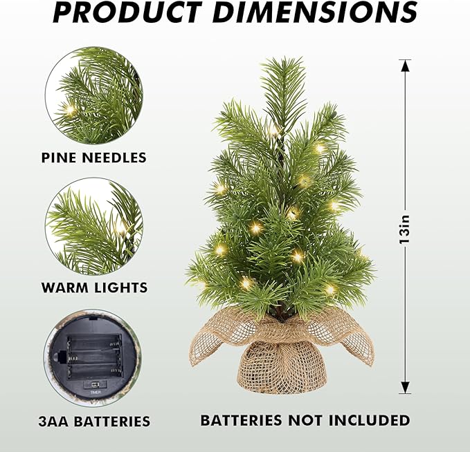 13 Inch Mini Christmas Tree with Lights, 2 Pack Prelit Tiny Xmas Trees,Battery Operated with Timer for Tabletop Desk Indoor Fireplace Office