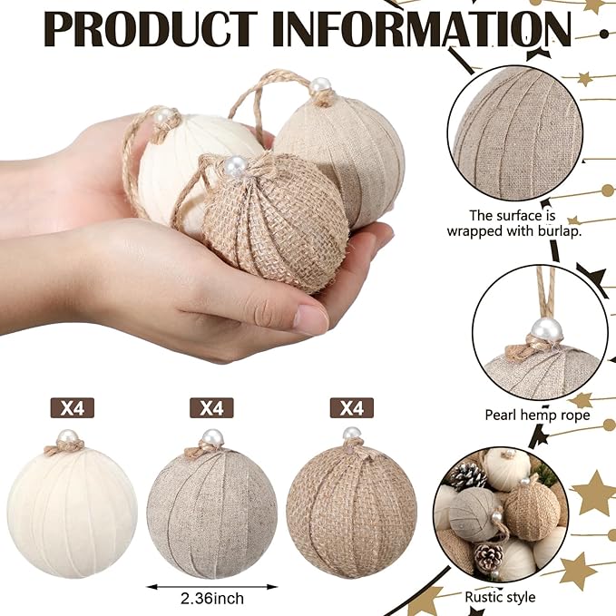Syhood 12 Pcs Rustic Christmas Ball 2.36 Inch Neutral Farmhouse Christmas Tree Ornaments Shatterproof Hanging Cottage Burlap Fabric Textured Ball for Xmas Tree Party Garlands Wreath Home Decor