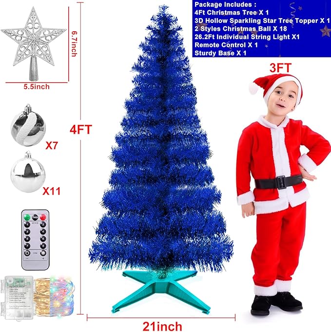 4 Ft Christmas Tree Remote Control 8 Modes Dual Color Change Timer 100 Warm White&Colored Lights 18 Christmas Ball Ornaments 3D Star Battery Operated Small Xmas Tree Table Indoor Holiday Party Decor