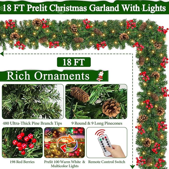 Remote Control 18 FT Extra Long Prelit Christmas Garland with 480Thick Branch Tips Pinecones & Red Berries, 100 Warm White & Multicolor LED Lights 8 Modes Timer for Stairs Mantel Doorway Decor