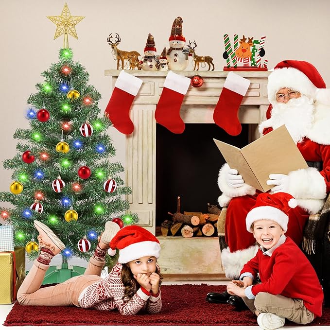 [ Remote Control & 12 Modes ] 3 Ft Christmas Tree with Timer 50 Warm White & Multi Color Lights, 15 DIY Ornaments 3D Star Topper - Artificial Small Green Christmas Tree for Home Indoor Tables - Green