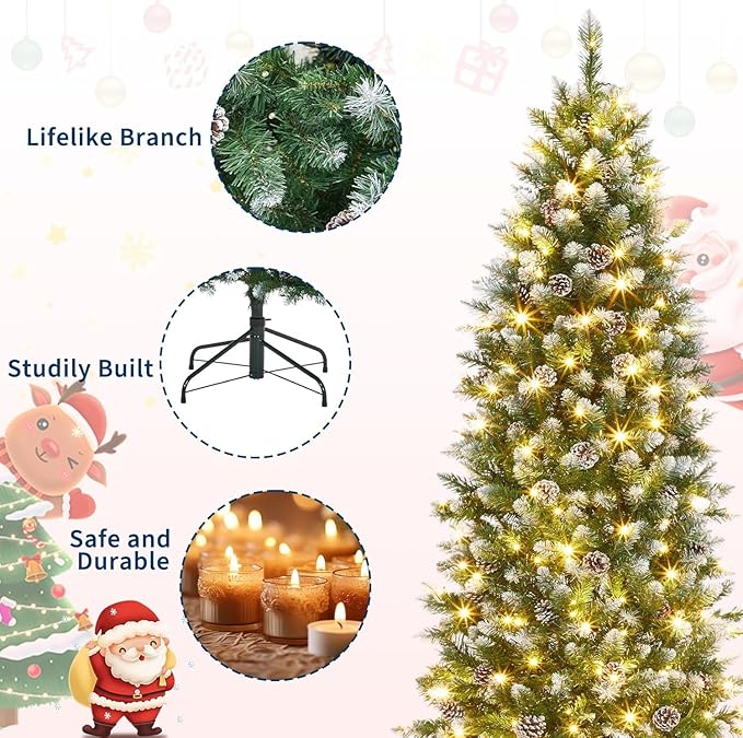 GarveeHome 7.5 ft Pencil Christmas Tree,Artificial Pre-Lit Slim Christmas Tree,Realistic Xmas Tree Artificial Holiday Decoration for Indoor and Outdoor Use