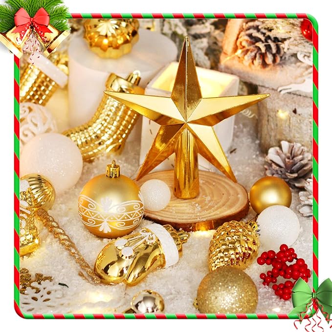 Christmas Tree Ornament Set - 132pcs Gold White Ball Decoration, Shatterproof Hanging Ornaments Assortment, Large and Small for Holiday Party Decor