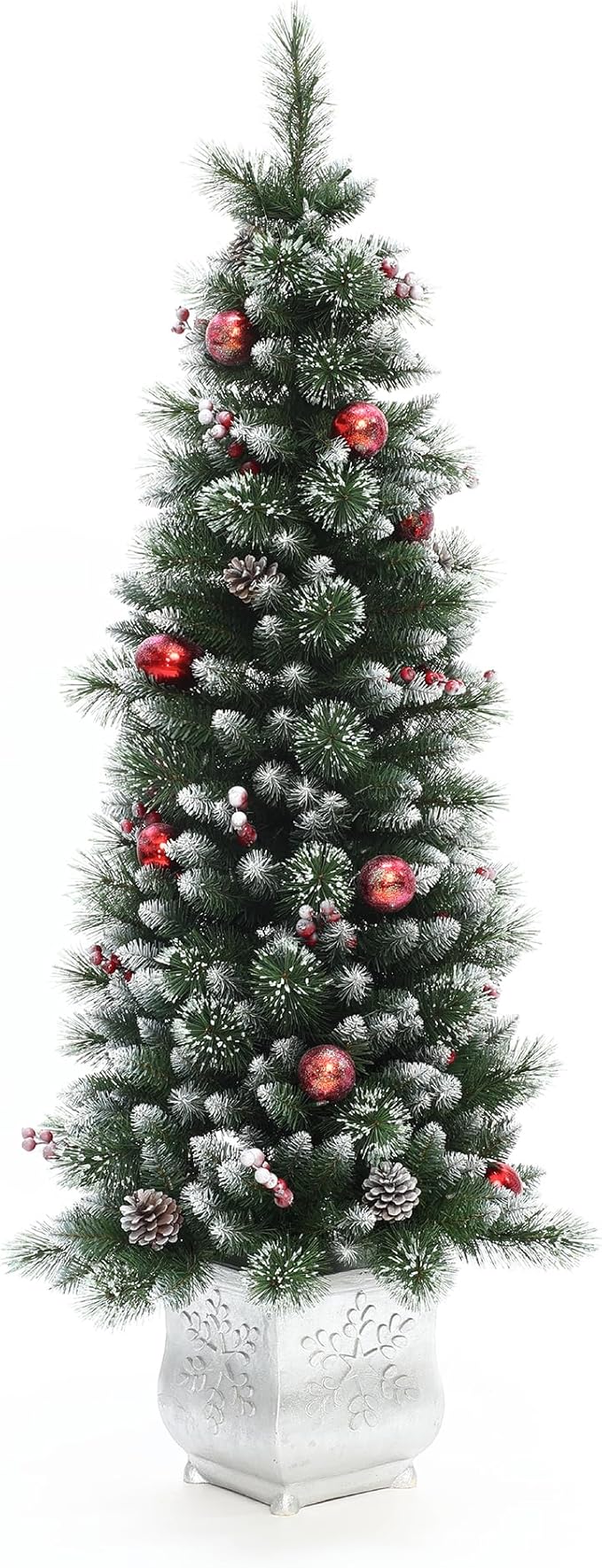 LuxenHome 5FT Potted Christmas Tree with Ornaments, Pre-Decorated Small Flocked Artificial Christmas Trees Prelit with 150 LED Lights, Pencil Xmas Tree with Pot for Indoor, Outdoor