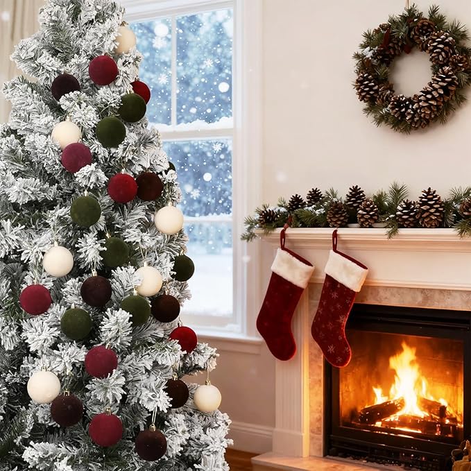 30pcs 6cm/2.4'' Velvet Xmas Balls Flocked Hanging Ornaments Christmas Decoration for Xmas Tree, Garland, Fireplace, Railing. Burgundy, Green, Brown, Beige (2.36" Velvet)