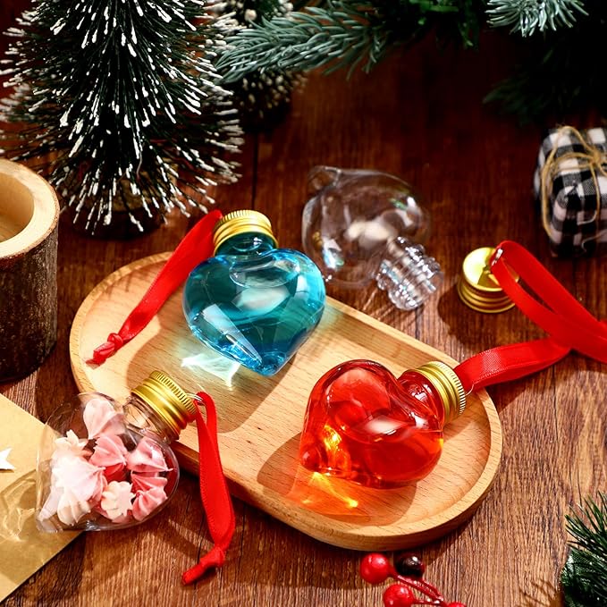 Patelai 18 Pcs Christmas Drink Balls Clear Shot Glass Ornaments Xmas Tree Fillable Ornaments Plastic Xmas Water Bottle Bulbs for Holiday Party Decorations(Heart,50 ml)