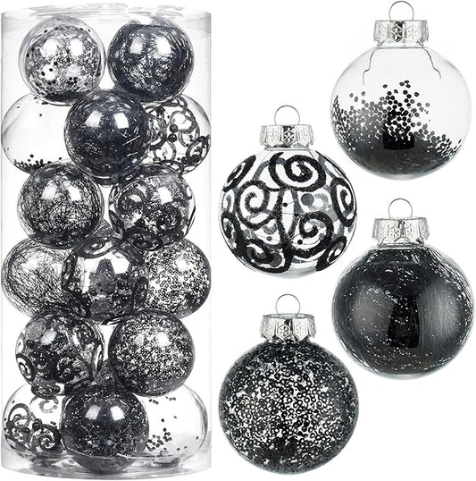 Wironlst Christmas Ball Ornaments Shatterproof Clear Large Plastic Hanging Ball Decorative Baubles Set with Stuffed Delicate Decorations (70mm/2.76", Black)