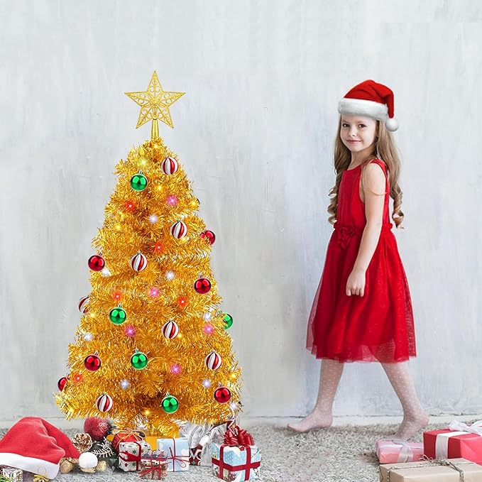 3 FT Small Artificial Christmas Tree with 50 Warm White & Multicolor Lights 15 Ball Ornaments Full Mini Xmas Tree for Tabletop Indoor Home Office Table Desk Holiday Decoration Gold