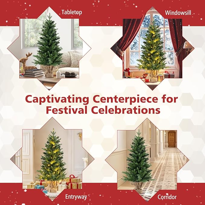 GOFLAME 3FT Pre-Lit Artificial Mini Christmas Tree, Small Tabletop Xmas Fir Tree with 363 Branch Tips, 50 Warm White LED Lights, Timer, Holiday Decoration Tree with Burlap Base