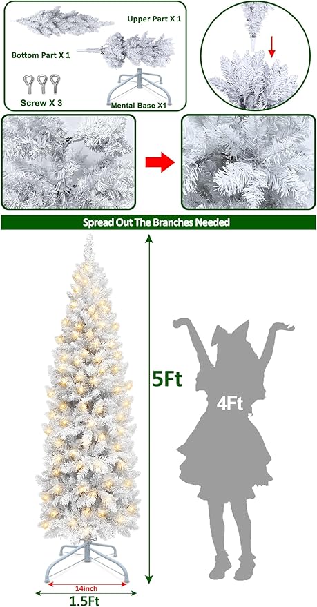 5 Ft Prelit White Pencil Artificial Christmas Tree with Timer 180 LED Warm White & Colorful Change Lights 8 Modes Plug in 550 Branch Tips Metal Stand Slim Tree Xmas Decor Indoor Outdoor