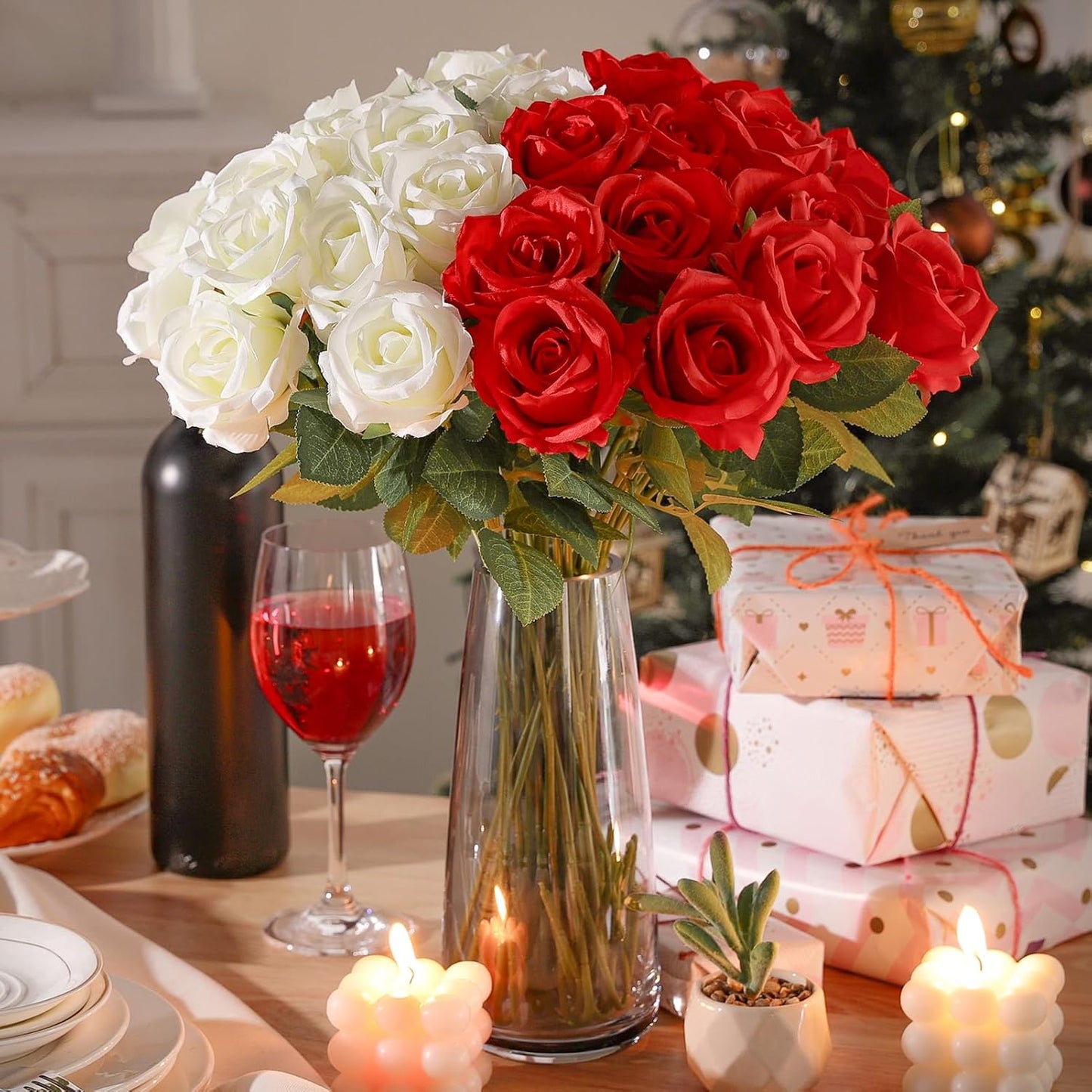 36 Pcs Red and White Rose Artificial Roses Flowers Bouquet Centerpiece,Fake Silk Rose Stem Realistic Artificial Flowers Bulk for Bridal Wedding Bouquet Ball Arrangement Party Decor