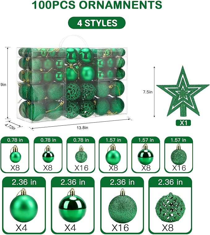 Aitsite 100 Pack Christmas Tree Ornaments Set Mini Shatterproof Holiday Ornaments Balls for Christmas Decorations (Green)