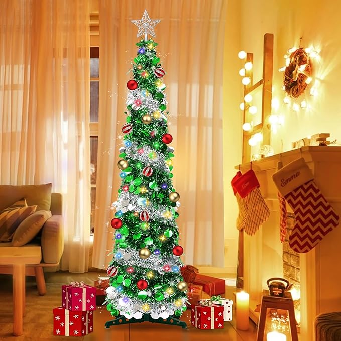 5FT Pop Up Christmas Tree with Timer 60 Warm White & Multi Color Fairy Light 3D Star 15 Ball Ornament, Green Sliver Tinsel Christmas Tree Slim Pencil Xmas Tree Home Office Holiday Decor Indoor Outdoor
