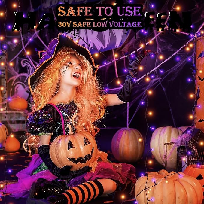 Decute Halloween String Lights Outdoor Indoor Waterproof 300LED 105FT UL Certified with End-to-End Plug 8 Modes, Decoration Lights for Christmas Tree Patio Garden Wedding Party Orange Purple