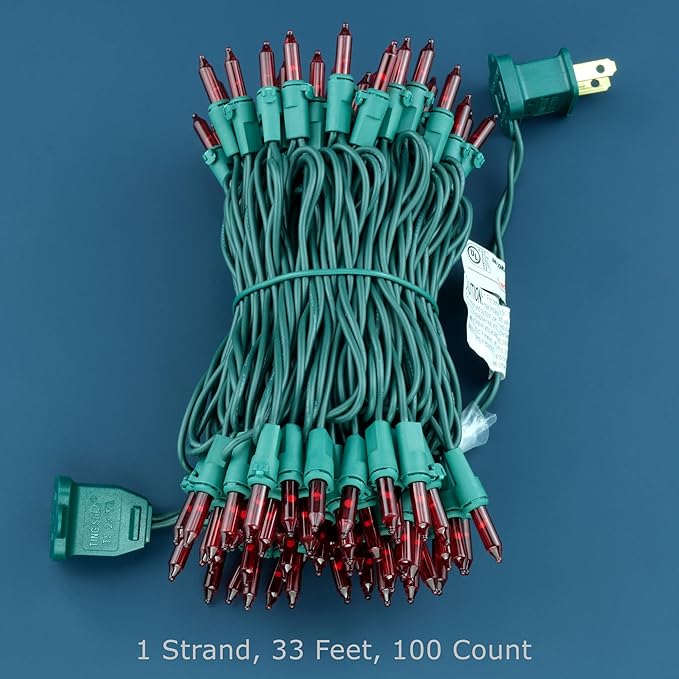 YULETIME 100 Count Red Christmas Lights, 33 Feet Green Wire UL Certified Incandescent-Like LED Mini String Lights