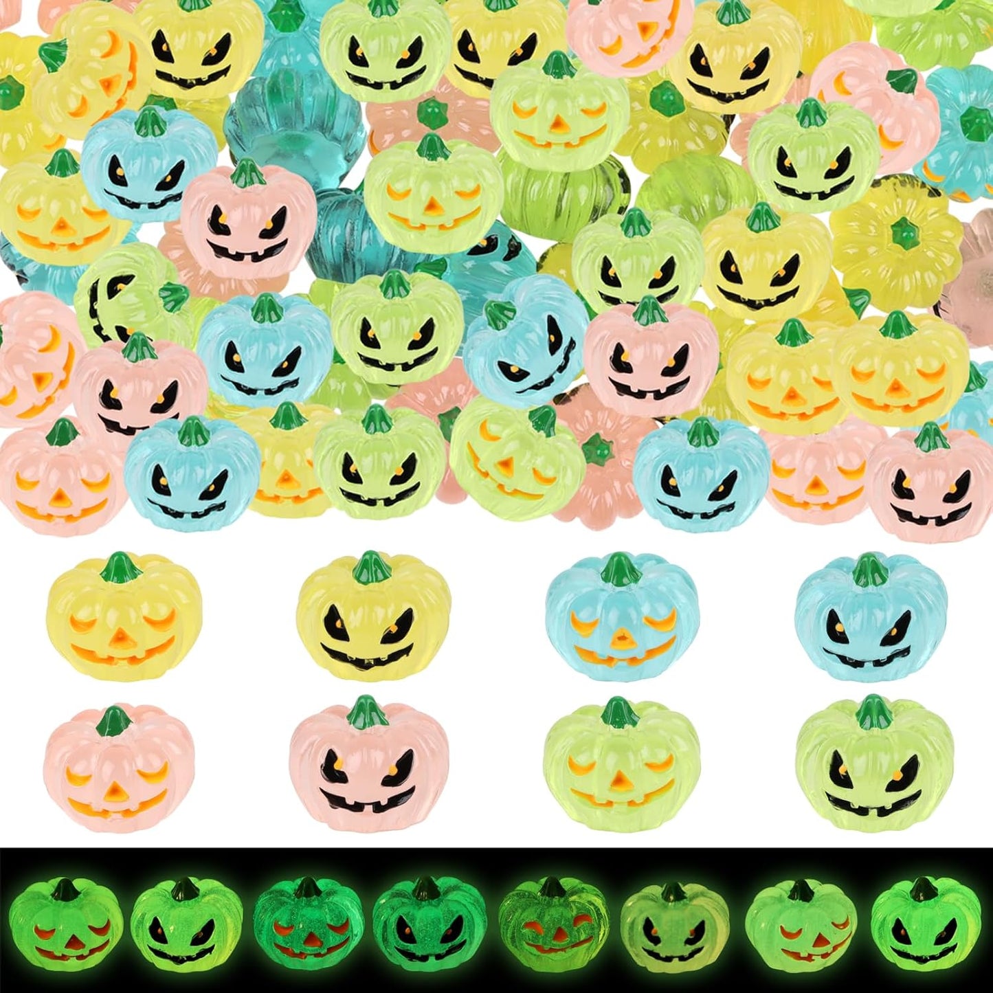 STEFORD 56 Pcs Luminous Resin Pumpkins, Halloween Miniature Figurines Glow in The Dark Mini Tiny Plastic Fake Pumpkin Bulk for Decorating Outside Outdoor DIY Crafts Home Fairy Garden Dollhouse Decor
