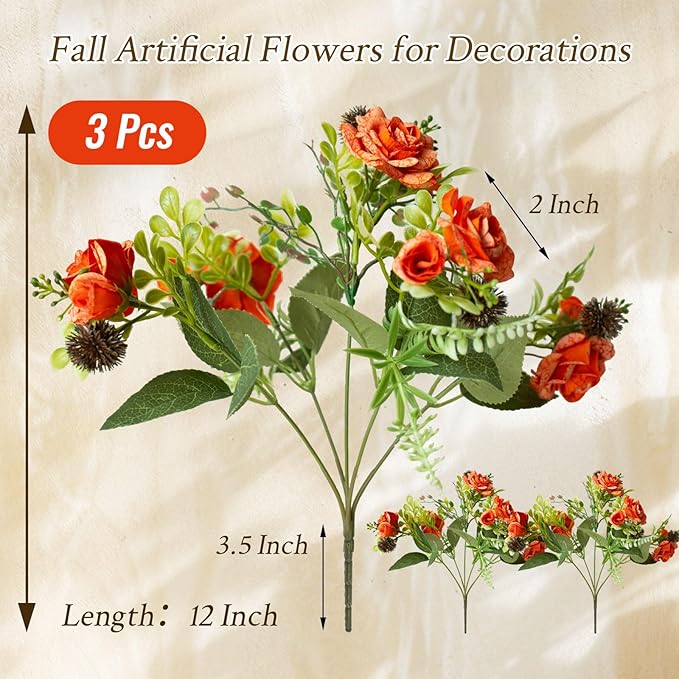 3 Bundles Fall Artificial Flowers Bouquet, Fake Roses Bouquet for Centerpiece Table Wedding Party Home Decor (Orange)