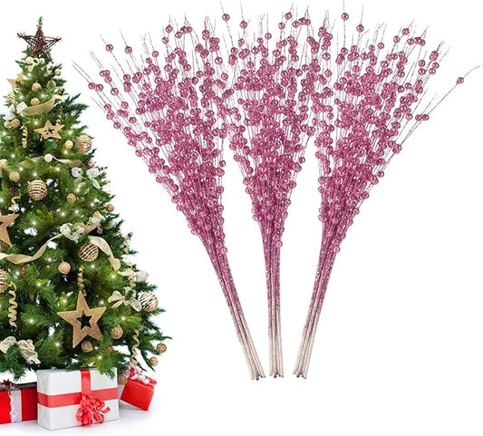 Christmas Artificial Glitter Berry Stem Decorations Decorative Bead Sticks Xmas Picks Glittery Twigs Branches for Christmas Tree Wreath Gift Vase Home Decor Party Ornaments Pink 24 PCS