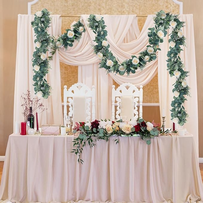 Ouddy Decor Eucalyptus Garland 6.56 Ft Lush Silver Dollar Leaves Boxwood Artificial Faux Greenery Vines for Baby Shower Wedding Party Table Runner Room Home Mantle Decor, Champagne