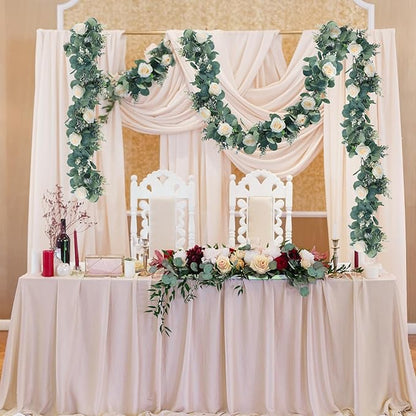 Ouddy Decor Eucalyptus Garland 6.56 Ft Lush Silver Dollar Leaves Boxwood Artificial Faux Greenery Vines for Baby Shower Wedding Party Table Runner Room Home Mantle Decor, Champagne