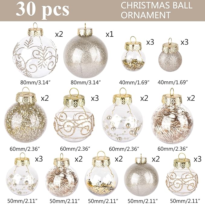 30Pcs Christmas Ball Ornaments Set - Shatterproof Plastic Christmas Tree Decorations 7 Style Christmas Decorative Hanging Ornaments Xmas Decorative Hanging Ball Ornaments for Holiday (Champagne)