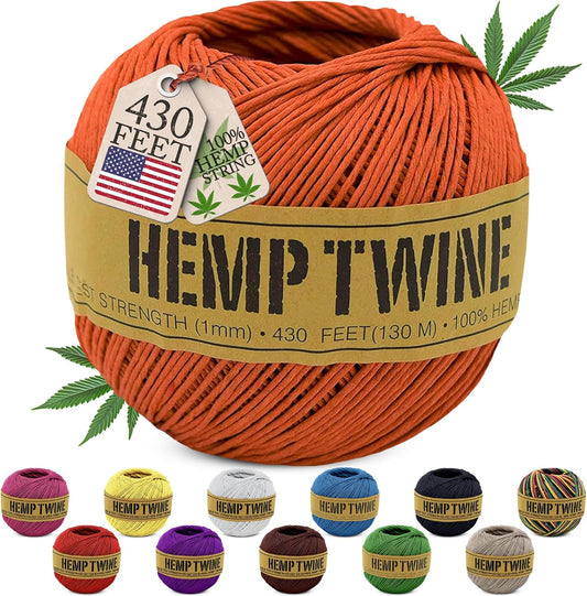 Hemp Twine for Gardening - Twine for Crafts - Organic Natural Hemp String for Jewelry Making - Strong Durable Cord for Decoration, Macrame + Cooking - 1MM, 100G/430 Ft. - 20 lb. Test Strength - Orange