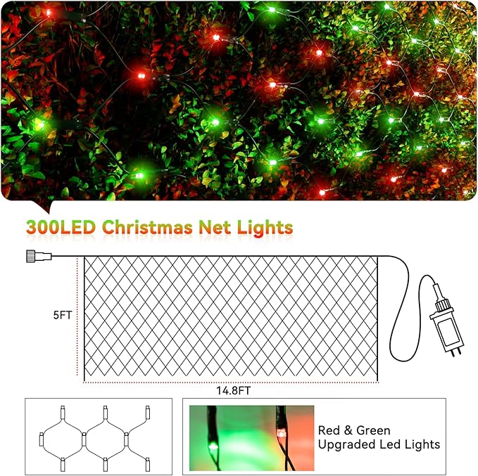 LitHome 14.8FT x 5FT Christmas Net Lights Outdoor, 300 LED Red Green Bush Lights with 8 Modes, Connectable Waterproof Net Mesh Light Dark Green Wire for Bushes Shrubs Outdoor Christmas Holiday Decor