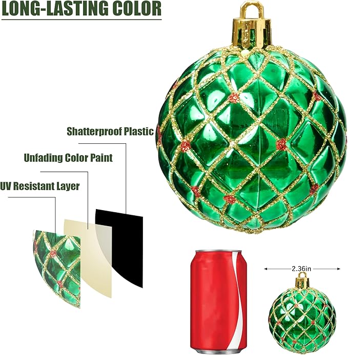 30-Pack Christmas Ball Ornaments for Tree,Shatterproof Plastic Holiday Baubles Set in Assorted Sizes and Finishes, Christmas Tree Decorations for Home, Office, Party, Indoor Outdoor Use