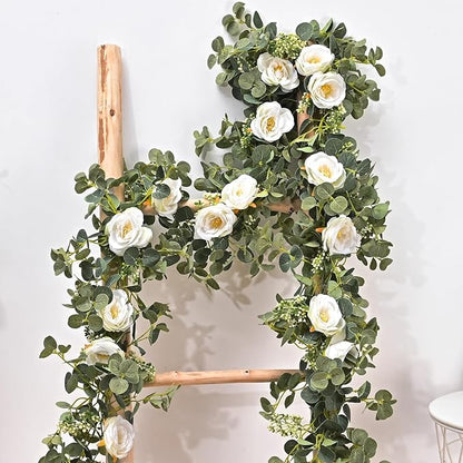 Dolicer 2 Packs 6.56Ft Eucalyptus Garland with Flowers - 8 White Roses, Artificial Flower Fake Rose Vine Faux Greenery for Wedding Backdrop Arch Table Wall Party Home Decor, Grey Green