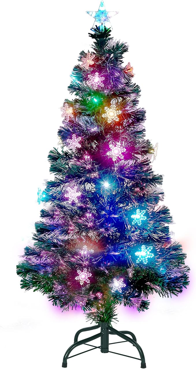 Juegoal 5 ft Pre-Lit Artificial Christmas Tree, Lighted Optical Fiber Xmas Trees with RGB Color Changing LED Lights, Snowflakes & Top Star, Festive Party Holiday Fake Multicolored Tree with Metal Legs