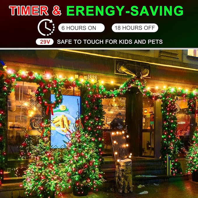 KNONEW 600ft 1500 LED String Lights Outdoor Christmas Lights 8 Modes & Timer Fairy Light Plug in Waterproof LED String Lights for Xmas Yard Tree Wedding Party Holiday Decorations (Red and Green)