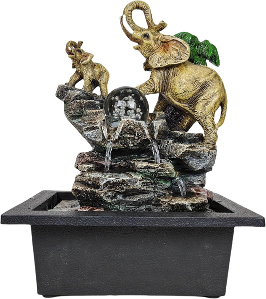 Decorative Elephant Cascade Tabletop Fountain with LED Globe, 3-Tier Design, A Quiet and Soothing Indoor Desktop Fountain