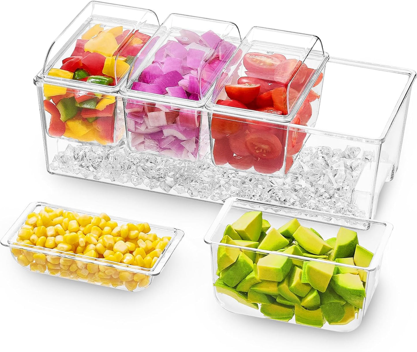 Lifewit Ice Chilled Condiment Caddy with 4 Containers(2.5 cup), Condiment Server with Separate Lids, Serving Tray Platter with Removable Dishes for Bar Accessories, Fruit, Salad, Taco, Party Garnish