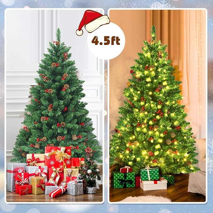Goplus 4.5FT Pre-Lit Christmas Tree, Hinged Artificial Christmas Tree with 516 Branch Tips, 300LED Lights Sturdy Metal Stand and Pine Cones and Red Berries