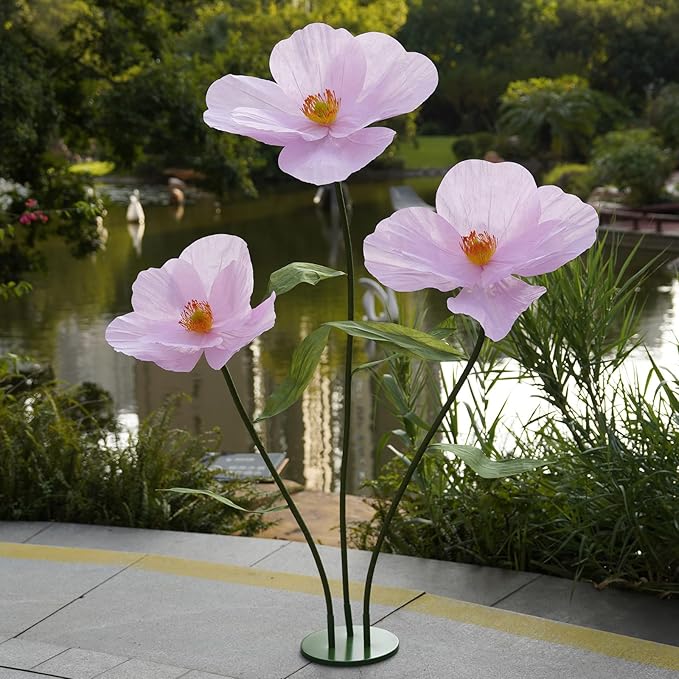 Large Paper Artificial Flowers,Giant Flowers for Decoration,Huge Handcrafted Poppy Fake Flowers with Stand for Home Decor Bridal Shower Party Outdoors Yard Event Backdrop Decor (Pink)