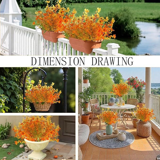 16 Bundles Artificial Flowers for Outdoor/Indoor Decoration, Plants for Outside, Fake Fall Plants. Suitable for Outdoor Flowerbed, Indoor and Outside Decorations (Orange).