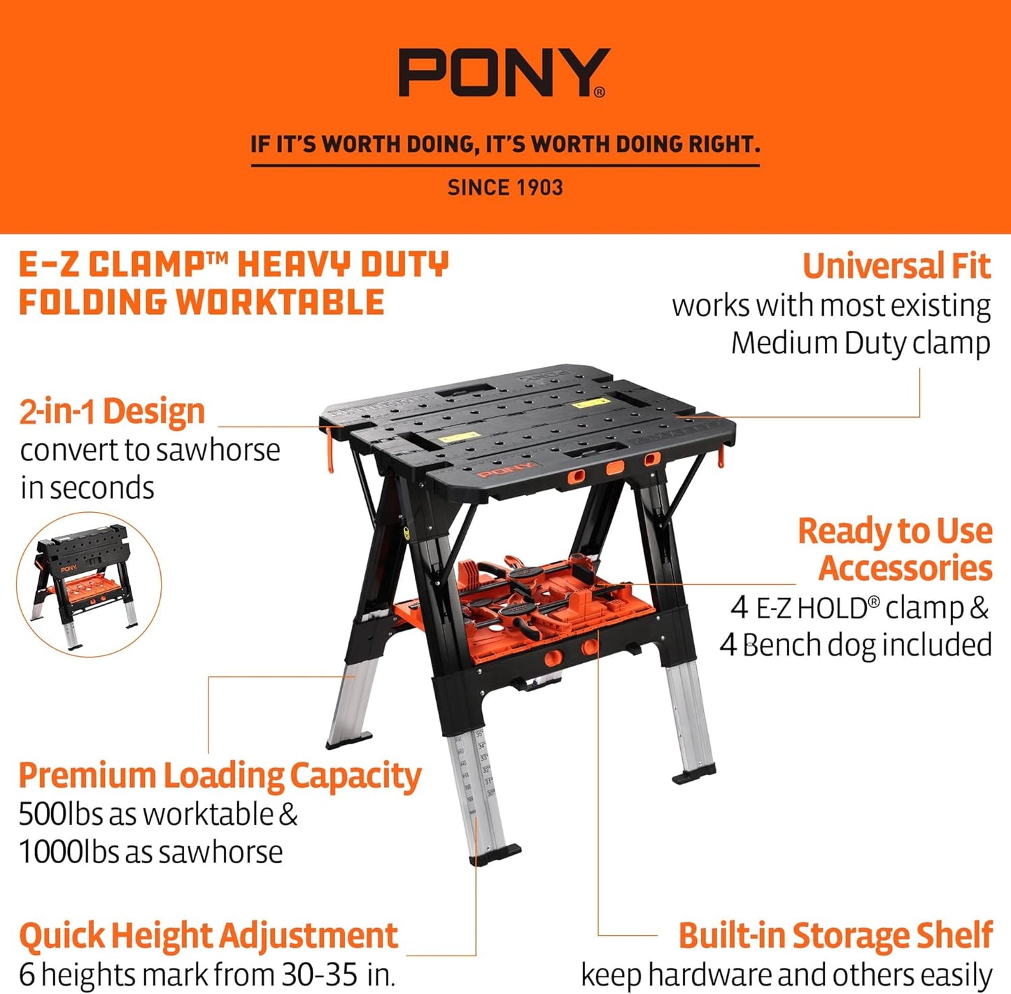 Pony Portable Folding Work Table, 2-in-1 as Sawhorse & Workbench, 31” W×25” D×25”-35”H, Large Load Capacity with 4pcs Clamps, 4pcs Bench Dogs