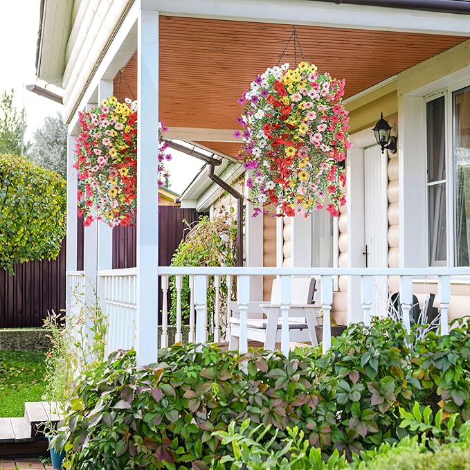 Artificial Hanging Flowers for Outdoors Faux Plants for Spring Summer Decoration,6 Bundles UV Resistant Realistic Silk Flowers Indoor Outside Garden Porch Patio Balcony Yard Farmhouse