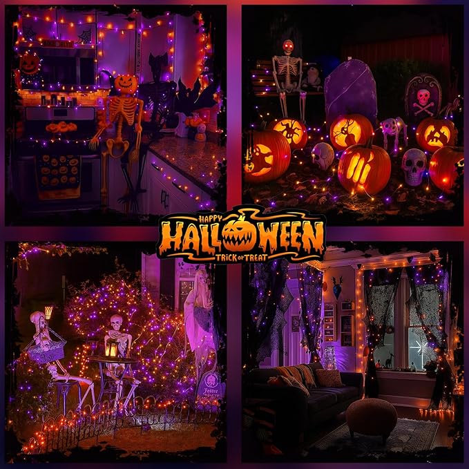 Upgraded Connectable 200 LED Halloween String Lights Outdoor Indoor, 66FT Orange and Purple Halloween Lights 13 Modes, Waterproof Twinkle Fairy Lights Plug in Clear Wire for Tree, Bedroom Decoration
