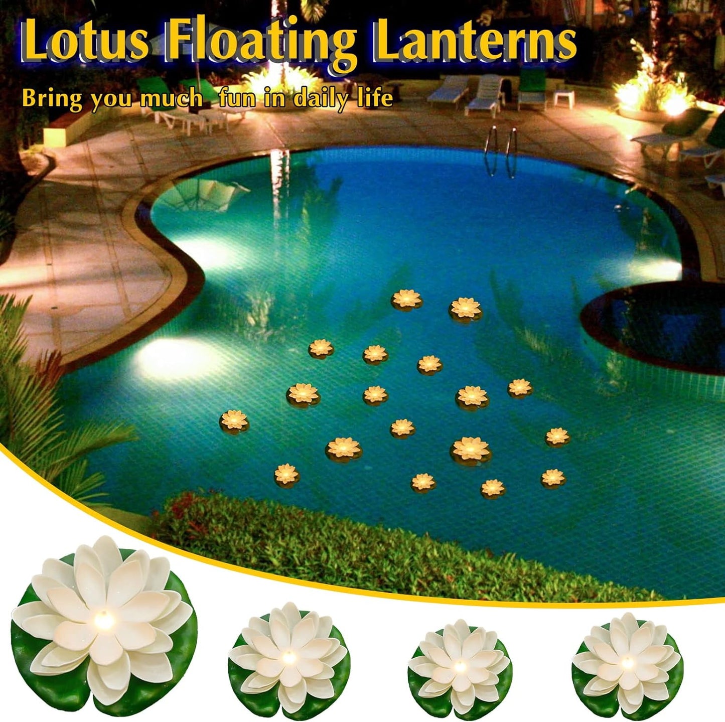Liliful 24 Pcs Diwali Lotus Decoration Pool Floating Lights, Artificial Flowers Lotus with LED,Lily Pads Water Lantern for Indian Puja Home Decoration(3.94 Inch, 5.91 Inch,White)