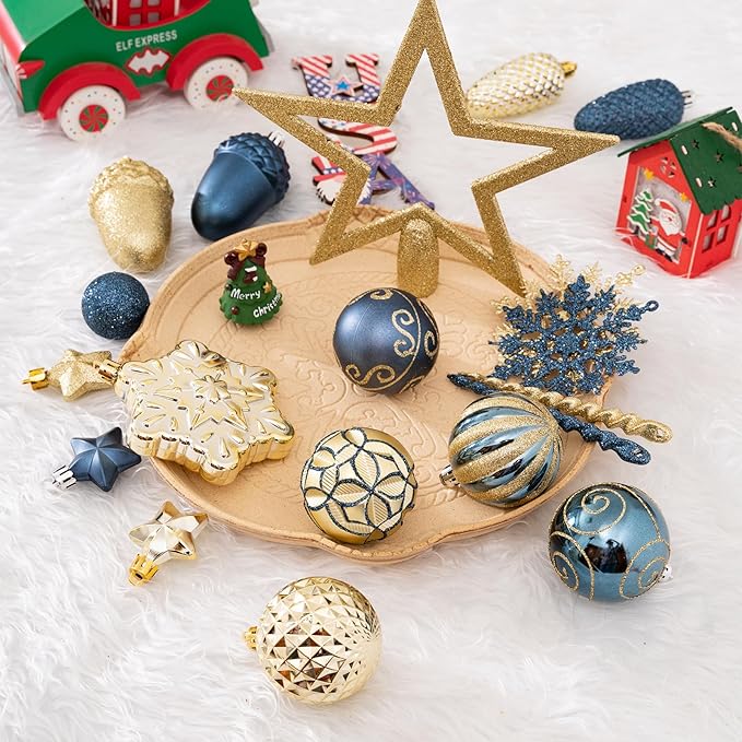 110Pcs Christmas Ball Ornaments Set, Assorted Blue and Gold Christmas Ornaments for Xmas Tree, Shatterproof Plastic Baubles Hanging Decorations for Holiday/Party/Wedding