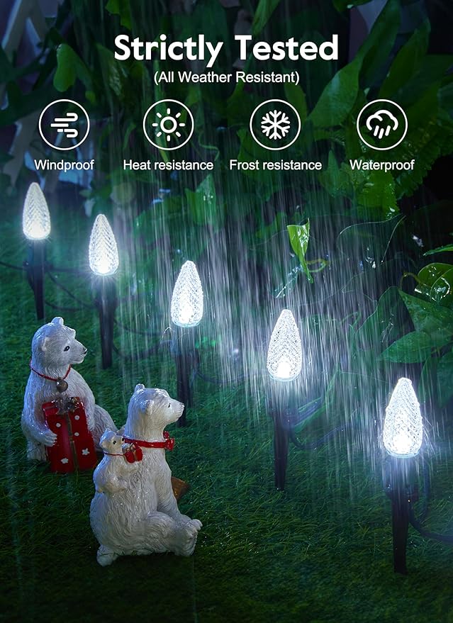 Brightown C9 Christmas Lights Outdoor, 25.7 Ft Strawberry C9 Christmas Pathway Lights with 20 LED Bulbs and Stakes, Christmas Decorations Outside Walkway Sidewalk Holiday, Pure White