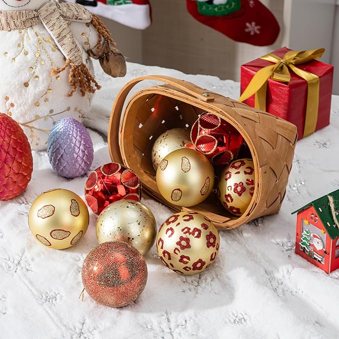 16CT Leopard Christmas Ornaments,Shatterproof Red and Gold Christmas Decorations, Lage Baubles Ornaments Hanging Decor for Xmas Tree Home Party Festivals (80MM/3.15'')