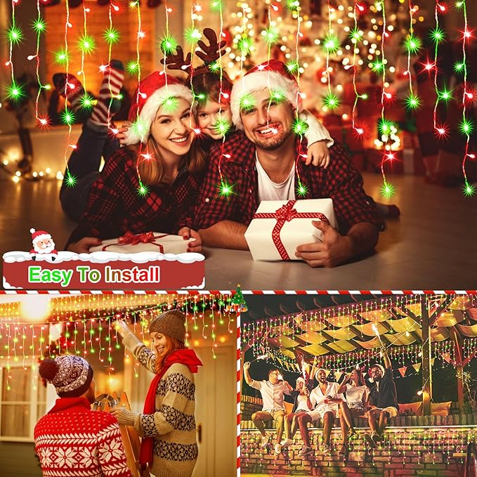 131 FT 1280 LED Christmas Lights Outdoor Decorations Super Long Clear Wire String Lights Plug in 240 Drops 8 Modes Memory Timer Curtain Fairy Lights Waterproof for Holiday Wedding Party-Red and Green