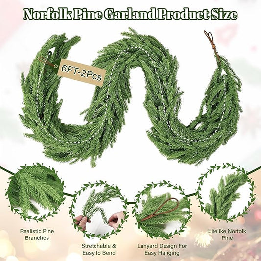 2Pcs 6FT Christmas Garland Real Touch Norfolk Pine Garlands, Artificial Faux Greenery Garland for Decorations Indoor, Pine Garland for Mantle, Fireplace, Wall, Mantle, Holiday Decor