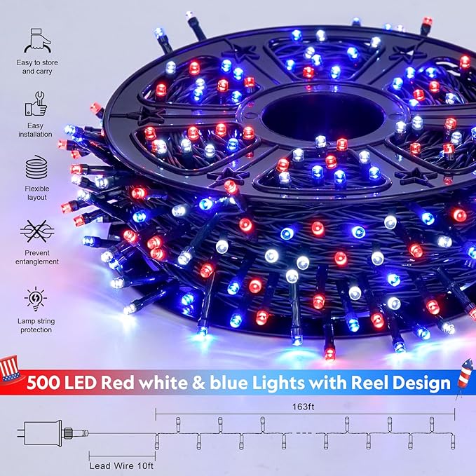 JMEXSUSS 500 LED Red White and Blue Lights 4th of July Decorations, 173ft 8 Modes 4th of July Lights Outdoor, Waterproof Patriotic String Light Plug in for Memorial Day Independence Day Decor