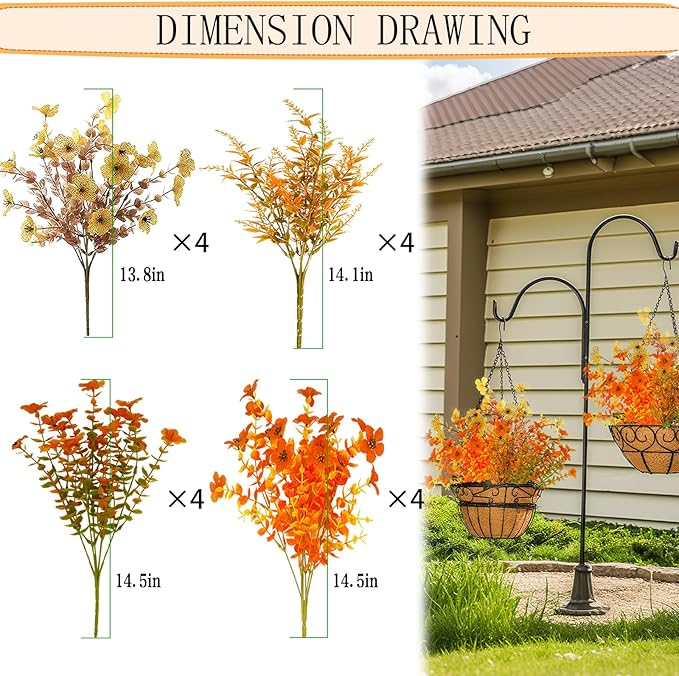 16 Bundles Artificial Flowers for Outdoor/Indoor Decoration, Plants for Outside, Fake Fall Plants. Suitable for Outdoor Flowerbed, Indoor and Outside Decorations (Orange).